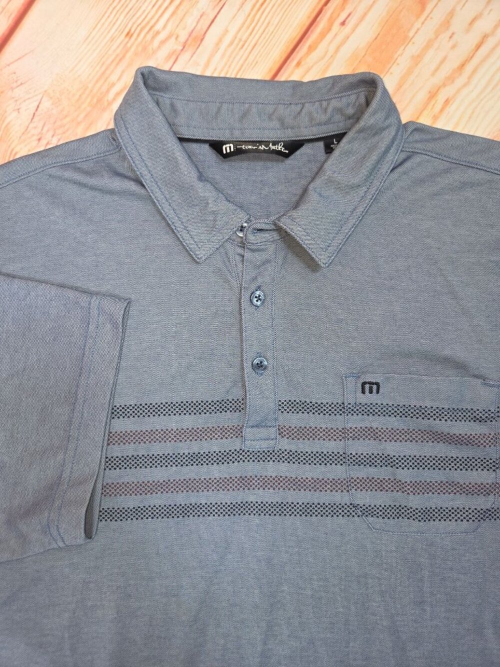 Travis Mathew Mens Blue Polo Shirt Large - Striped Chest Pocket